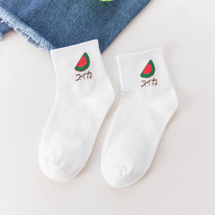 Women In Tube Socks, White Socks Strawberry Watermelon Fruit Plants Under Small Fresh Wild Female Sports Socks